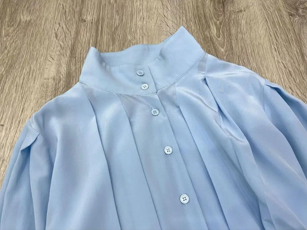 

Slik Women's Blue Blouse 2020 New Stand Collar Single-breasted Half Sleeve lady office wear slim waist lace-up shirt and top