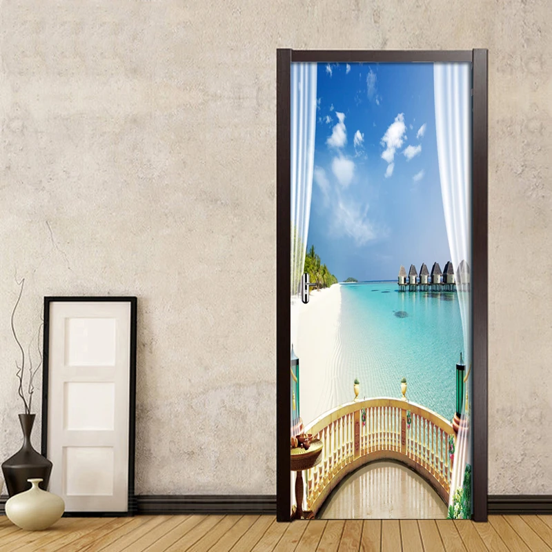 3D наклейка на дверь с видом море и окно настенная роспись художественный плакат