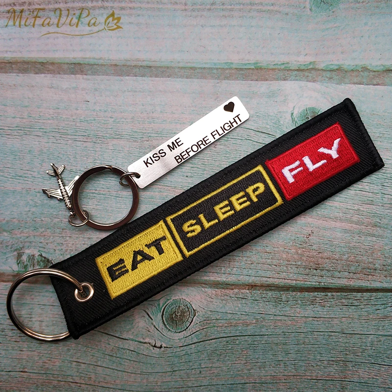 

MiFaViPa 2 PC Kiss Me Before Flight Keyring EAT SLEEP FLY Keychain Fashion Trinket Embroidery Key Chain for Men Gift Flight Crew