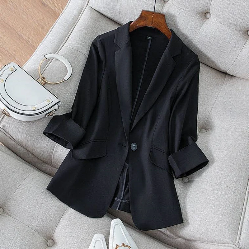 

New Spring Summer Women's Jacket 2021 Chic OL Slim Blazer Femme Elegant Single Button Blue Black Office SuitHot Selling Blazers