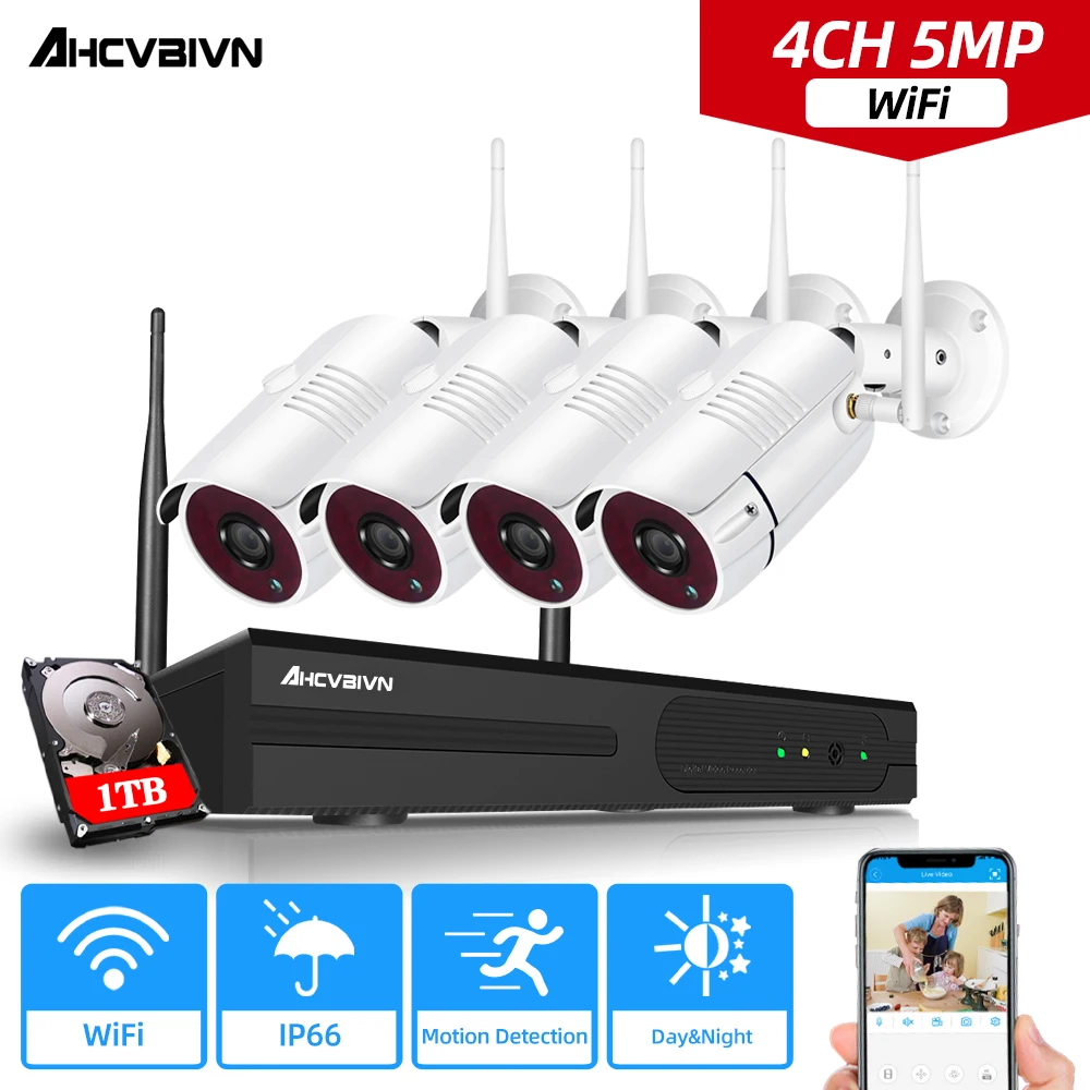 

Система видеонаблюдения, 4 канала, 5 Мп, беспроводная, Wi-Fi, 4 канала, сетевой видеорегистратор, H.265 + 4 шт. наружных IP-камер IP66