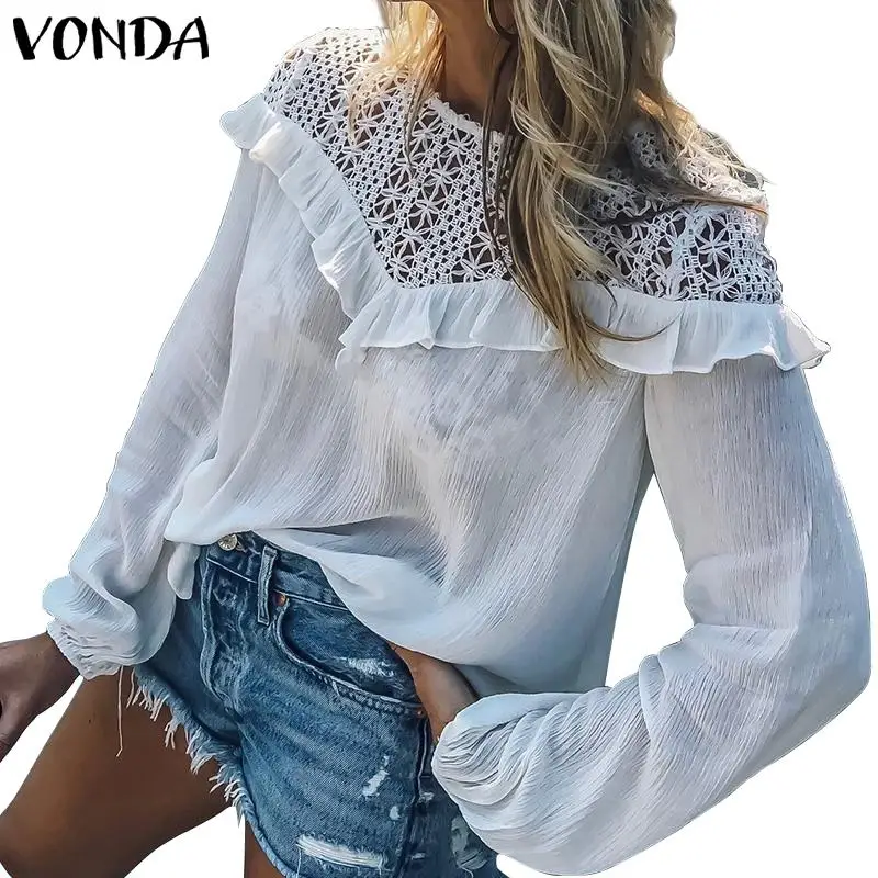 VONDA/хлопковые топы с рукавами-колокольчиками, сексуальные белые блузки с круглым вырезом, женские повседневные свободные рубашки, белая хлопковая туника для женщин размера плюс S-5XL