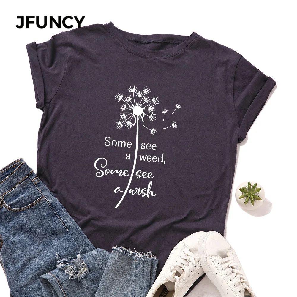 

JFUNCY Dandelion Printed Summer Women T-shirt Female Plus Size 100% Cotton T Shirt Short Sleeve Woman Tee Top Female T-shirts
