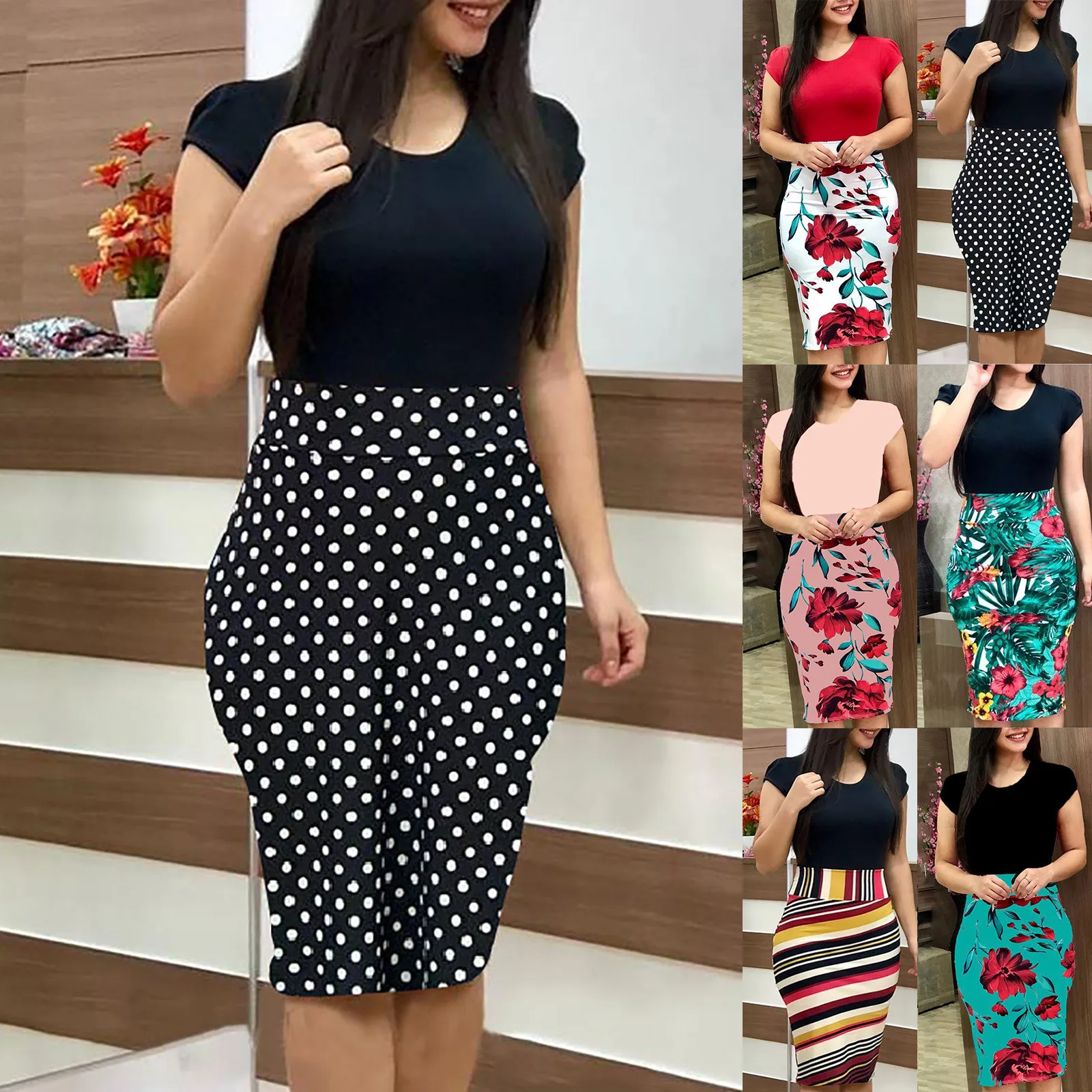 

Fashion Women Sexy O-Neck Short Sleeve Splicing Flower Printing Buttock Ladies polka dot stripe color matching bag hip dress
