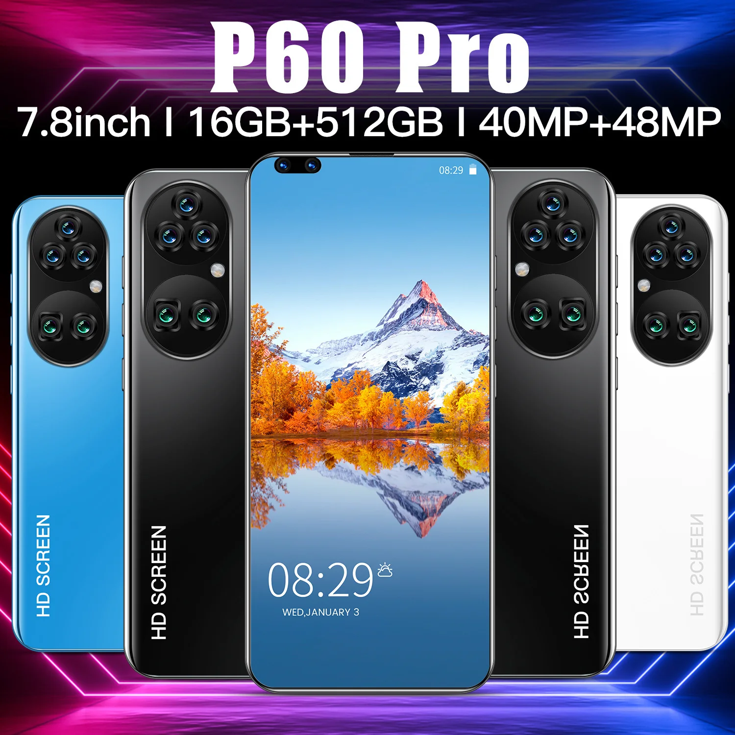 

P60 Pro Android10.0 Large memory 16-512G Dual card dual standby 7.8-inch HD large screen face recognition gaming smartphone