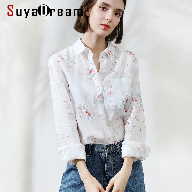 Блузка SuyaDream женская с цветочным принтом Офисная белая рубашка из рами длинным