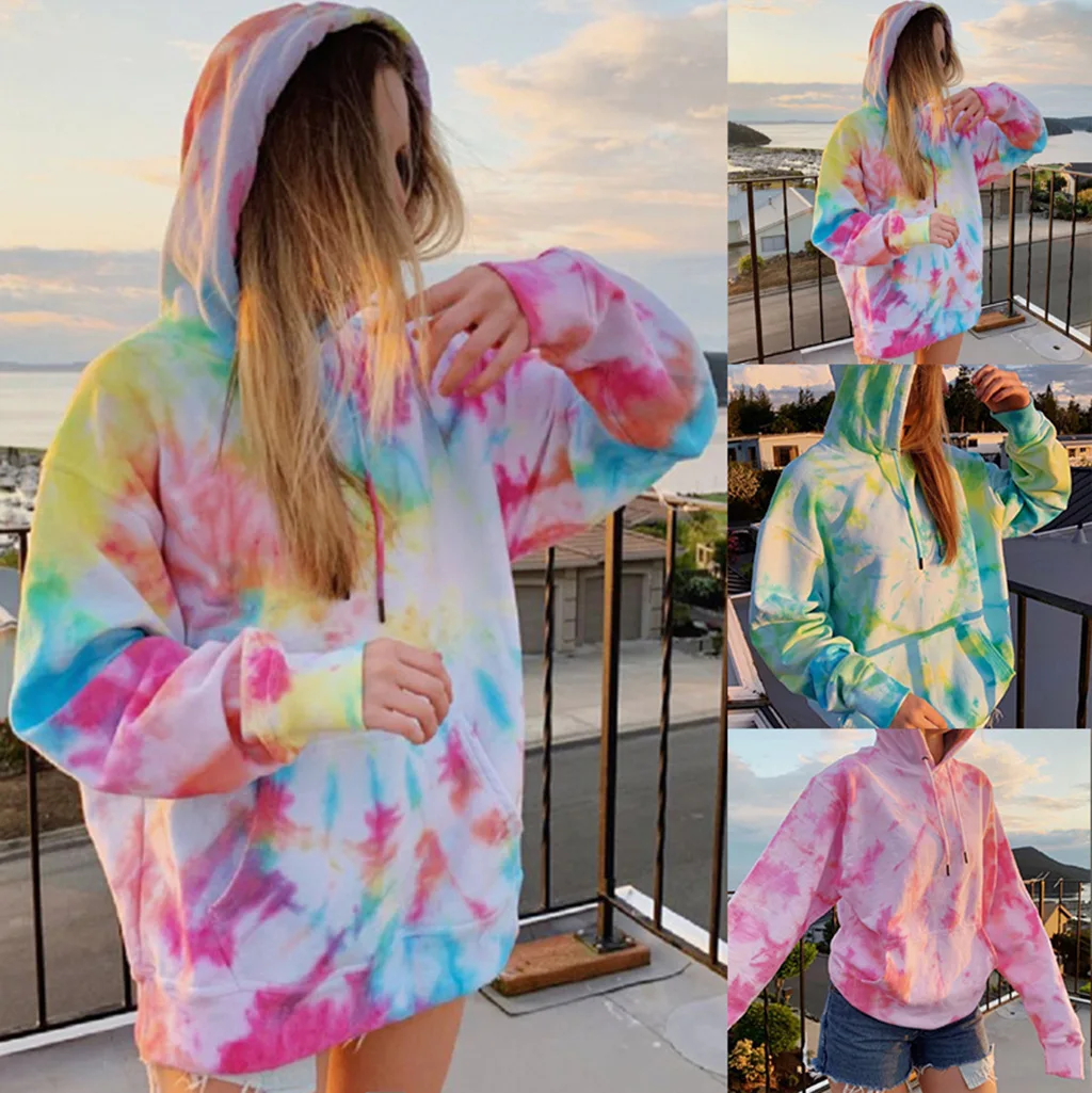 

2022 Autumn Winter New Women's Wear Large Coat Street Tie Dye Print Pocket Drawstring Casual Hoodie Women's Fashion 3 Colors