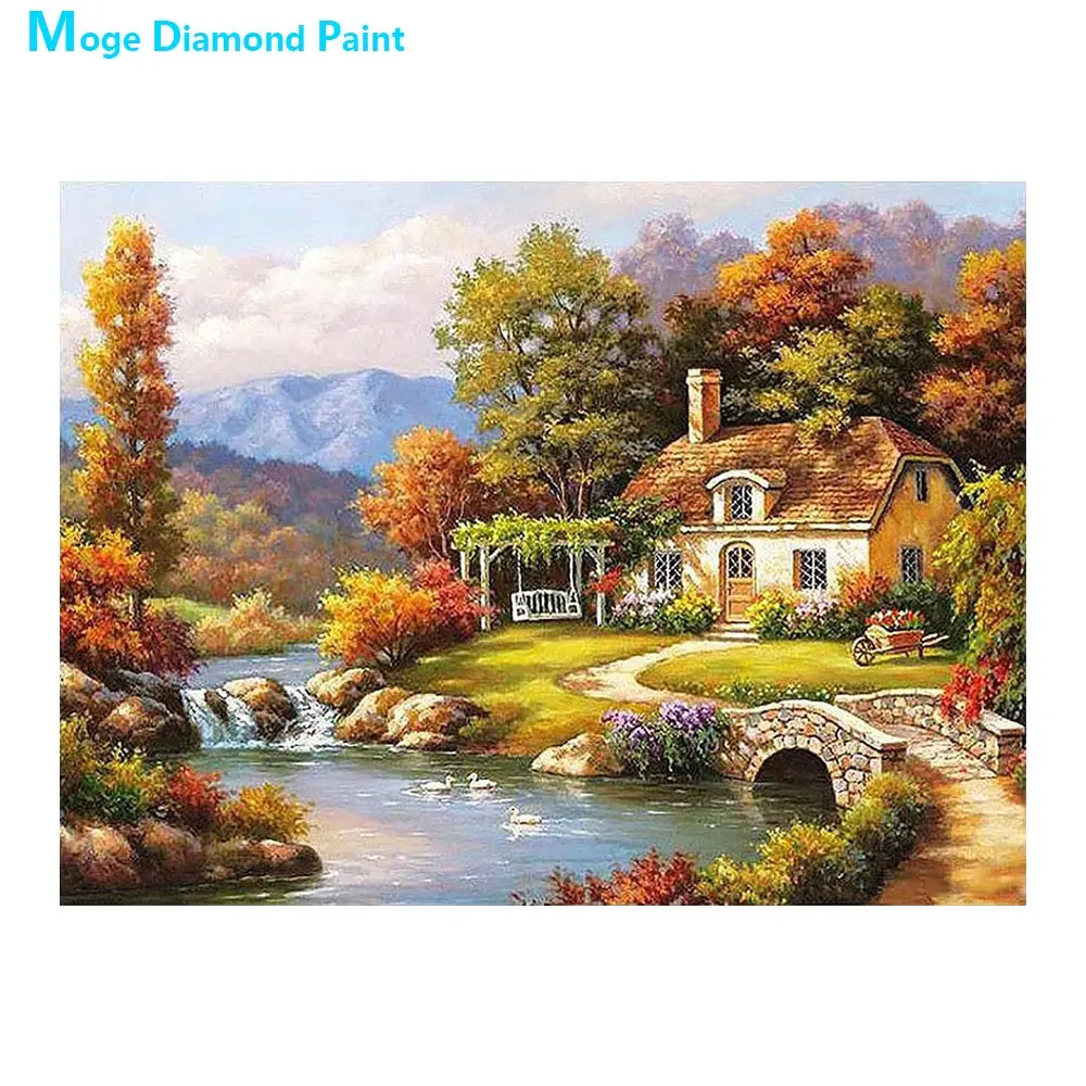Алмазная живопись с осенним идиллическим пейзажем для дома круглая живописная