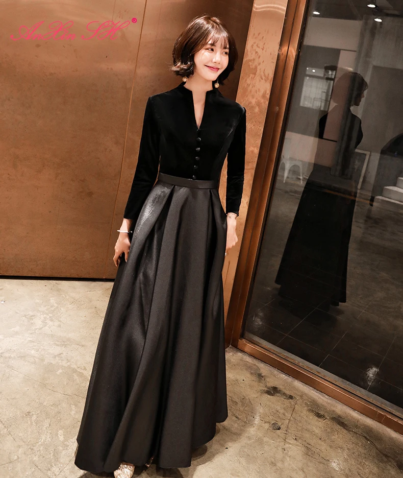 

AnXin SH принцесса Черное велюровое атласное ТРАПЕЦИЕВИДНОЕ вечернее платье с длинным рукавом винтажное черное атласное длинное вечернее пла...