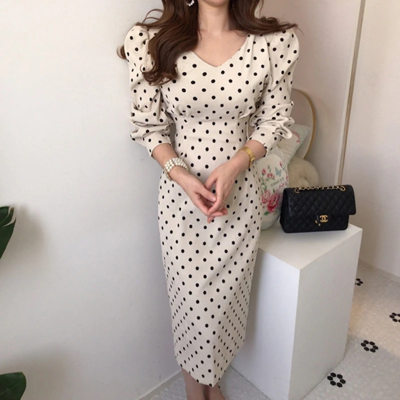 

Zoki Elegant Women Dress French Corduroy Slim Simple Temperament Long Sleeve V-neck Dress Print Point Fashion Summer New
