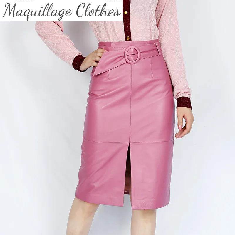 

2021 Autumn high quality leather high-rise pencil skirt Fashion OL elegant genuine leather belt skirts B343
