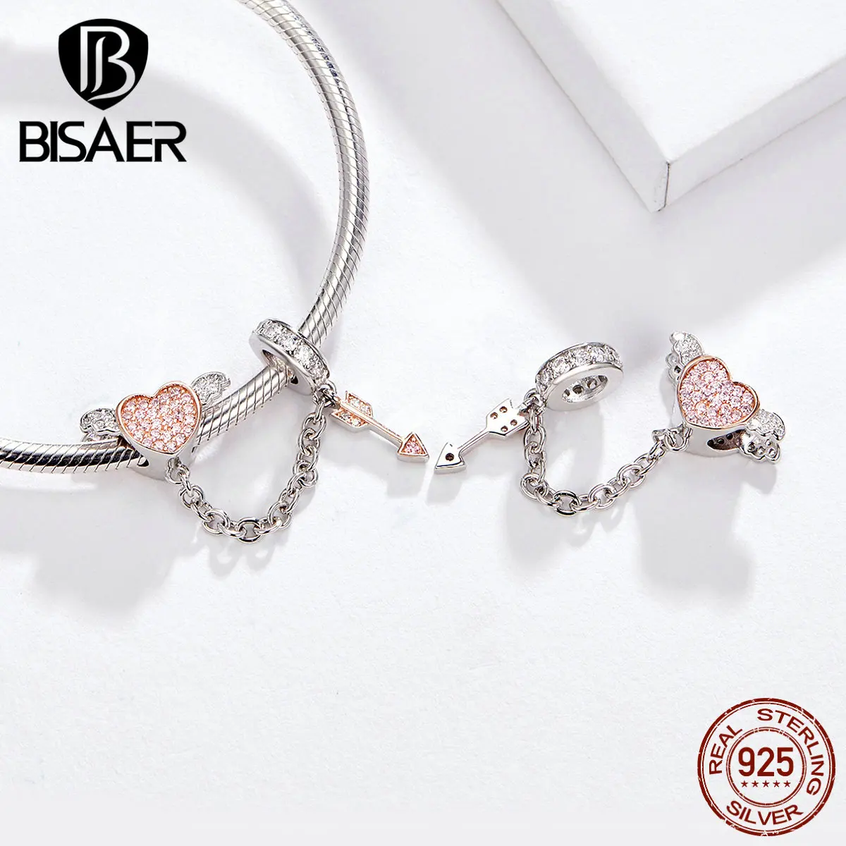 BISAER, 925 пробы, серебряный, ослепительный, CZ, любовь, шарм, розовое золото, Стрела Амура для женщин, роскошный бренд, змея, 3 мм, сделай сам, браслет GXC1208