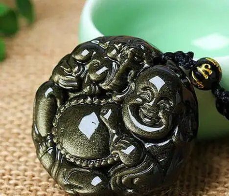 Ручной работы из натурального Золотой обсидиан кулон Смеющийся Будда Подвеска Амулет ожерелье яяяяяяяя Бесплатная доставка