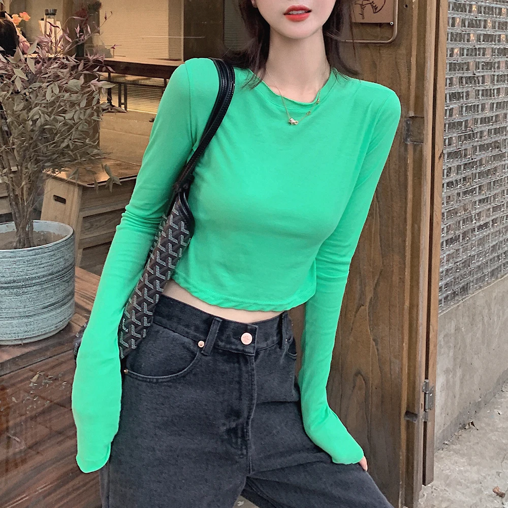 FORYUNSHES 2020 корейская мода женская футболка с длинным рукавом флуоресцентные
