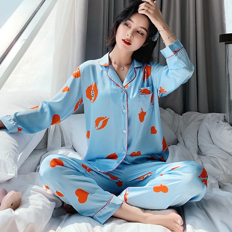 

Ladies pajamas long-sleeved ice silk student cute loose pajamas sweet casual and comfortable home service suit JJF0137