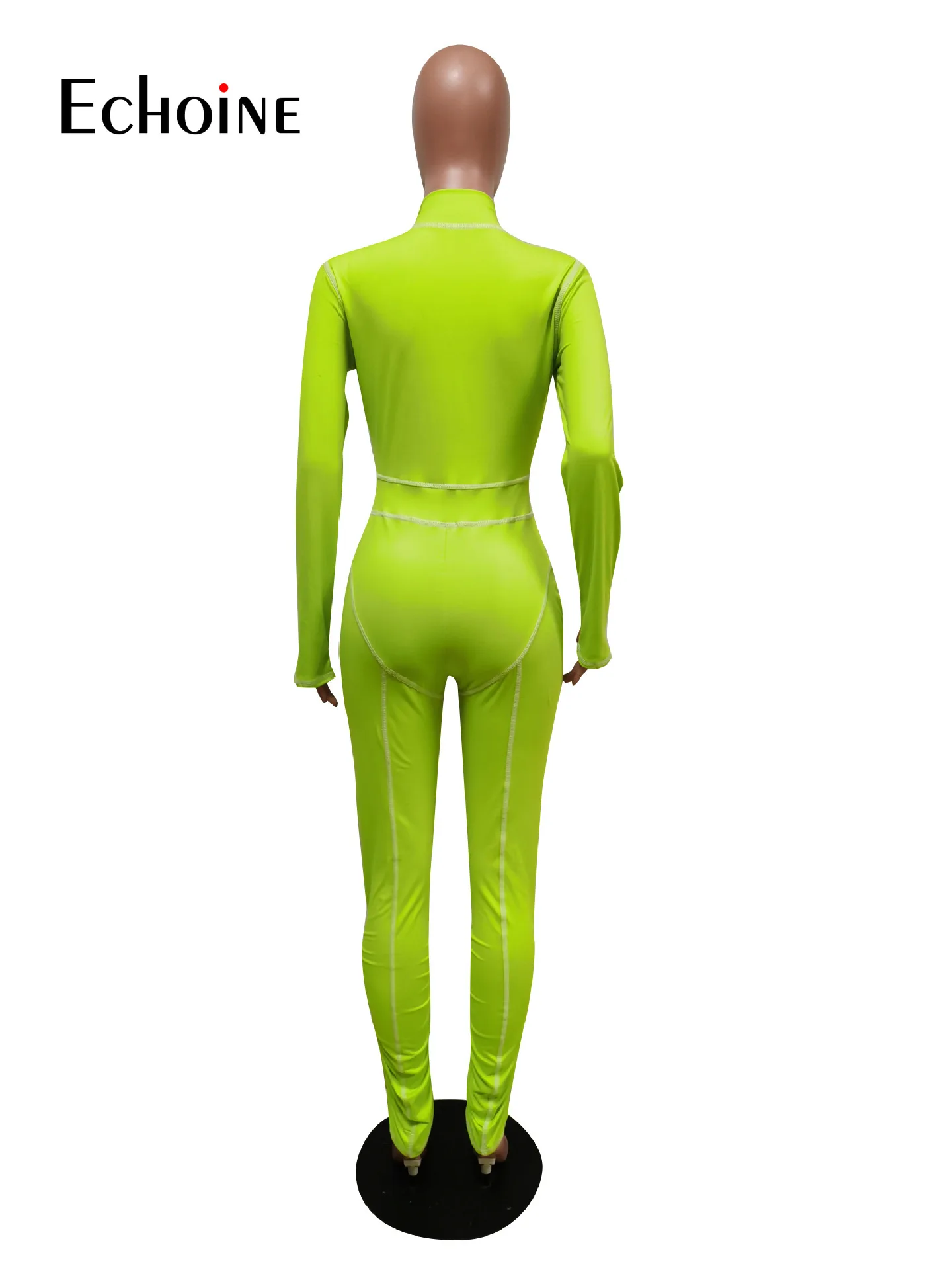 

Echoine spring Women Patchwork Casual Sporty Jumpsuit Deep V Neck Full Sleeve Stacked Bodysuit Streetwear Fitness Skinny Romper