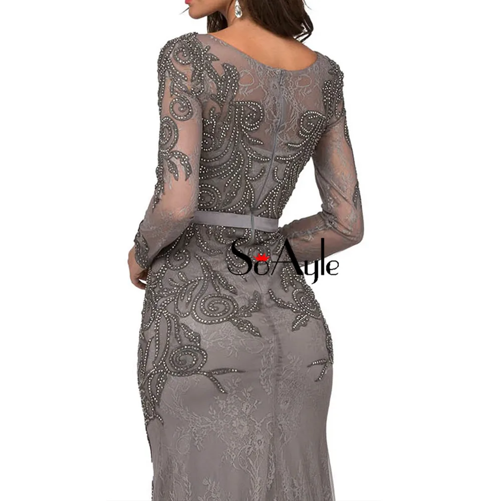 Платье SoAyle Luxury Beaded Gray Lace вечернее платье O-образный вырез длинный рукав Русалка плюс размер Арабские платья Дубай.