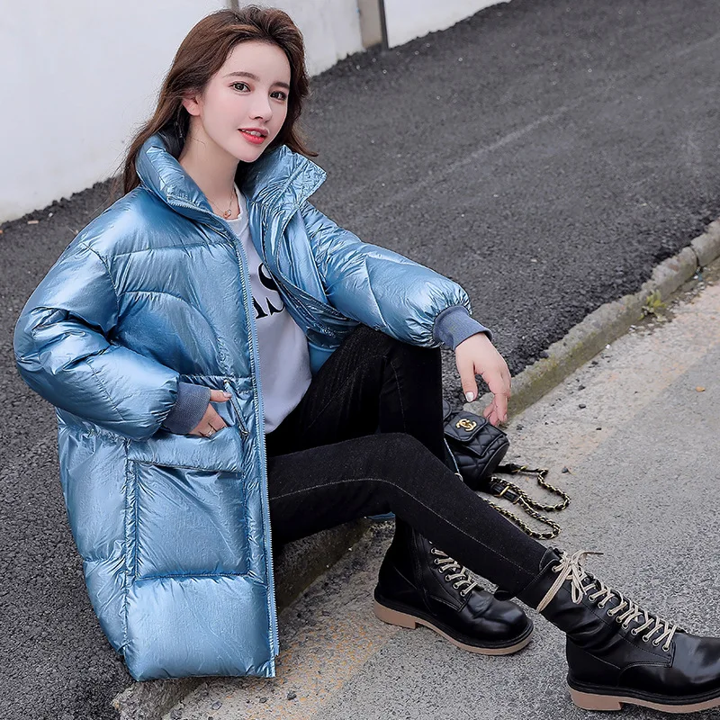 

Bright face down padded jacket 2021 new mid-length plus size thickened autumn and winter jacket fashion bread waist