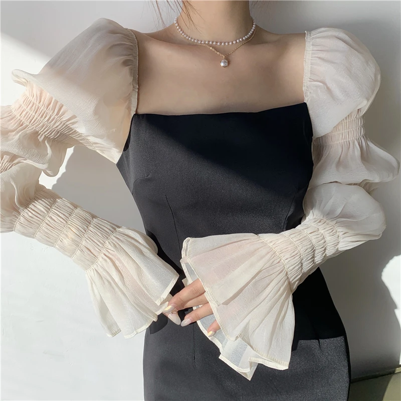 

Black Dress Women Vintage Puff Sleeve Slim-Fit Wrap Dress Busniess Wear Elegant Knee-Length Spring Clothing