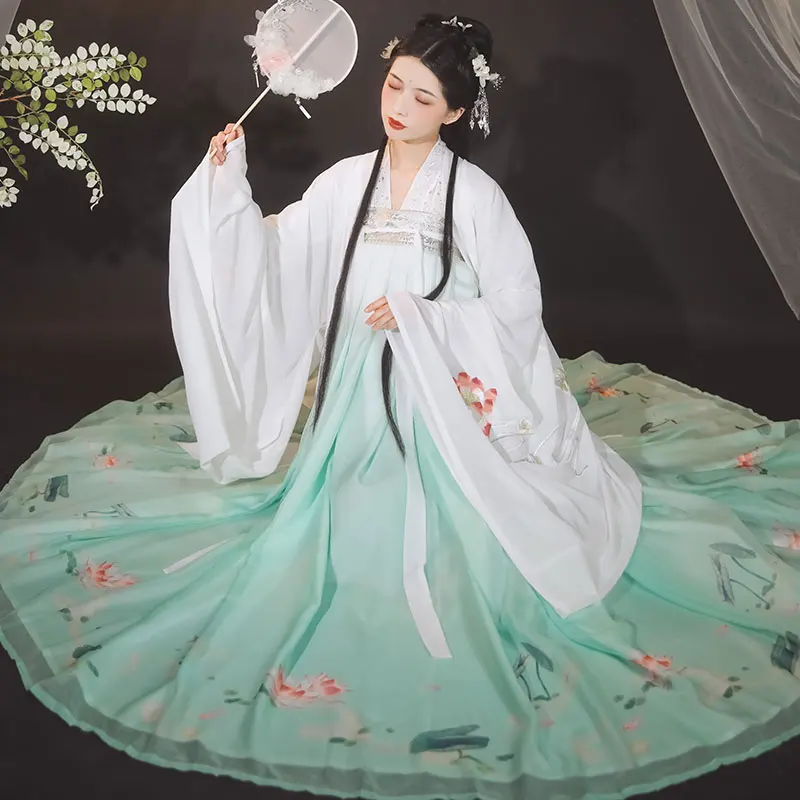 2020 Chinese Hanfu Outfits Fairy Dress White Coat Green Skirt Festival Folk Dance Costume Clothes For Women BI772 | Тематическая