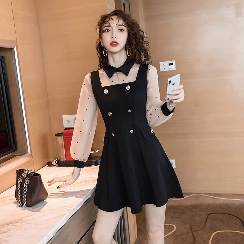 

2021 New Korean Peter pan Collar Slim Small Clear Women Dress Long Sleeve Patchwork one-piece Dresses Black