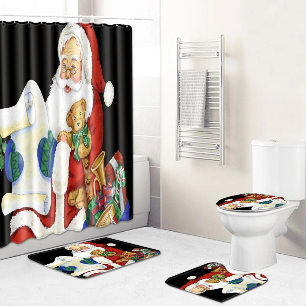 Занавеска для душа/коврик ванной/коврик унитаза набор Санта Клауса с рисунком