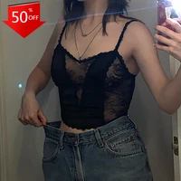 new dark sexy mesh black camis punk patchwork strap v neck transparant women crop tops hollow out clubwear spaghetti strap