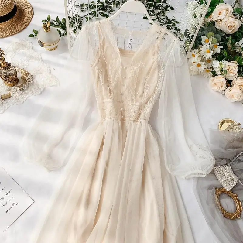 Женское Сетчатое кружевное платье с длинным рукавом повседневное облегающее v