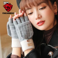 faramigo autumn and winter knitted alpaca gloves ladies outdoor windproof warmth fingerless flip cover all match woolen gloves