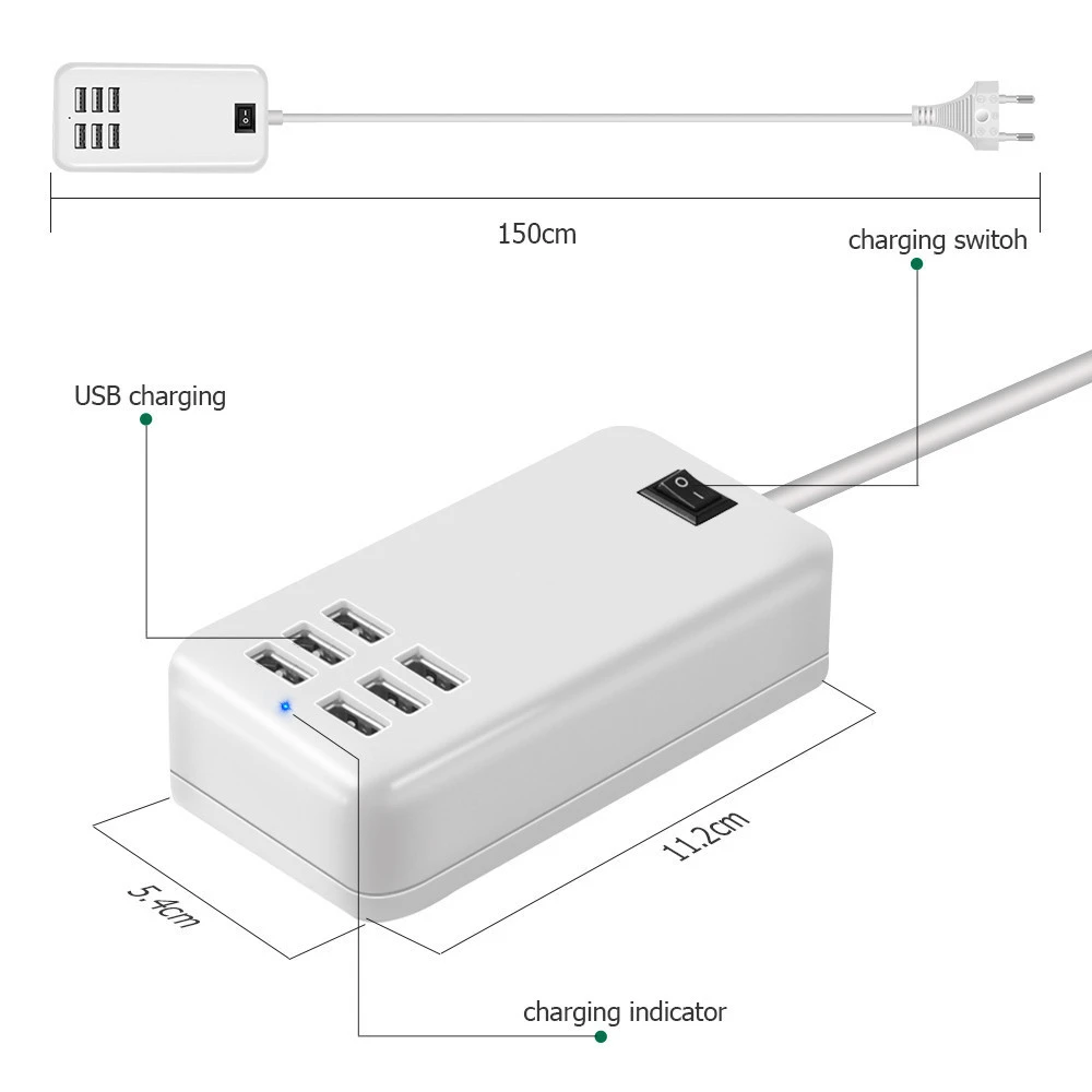 Универсальное портативное быстрое зарядное устройство с 6 USB портами