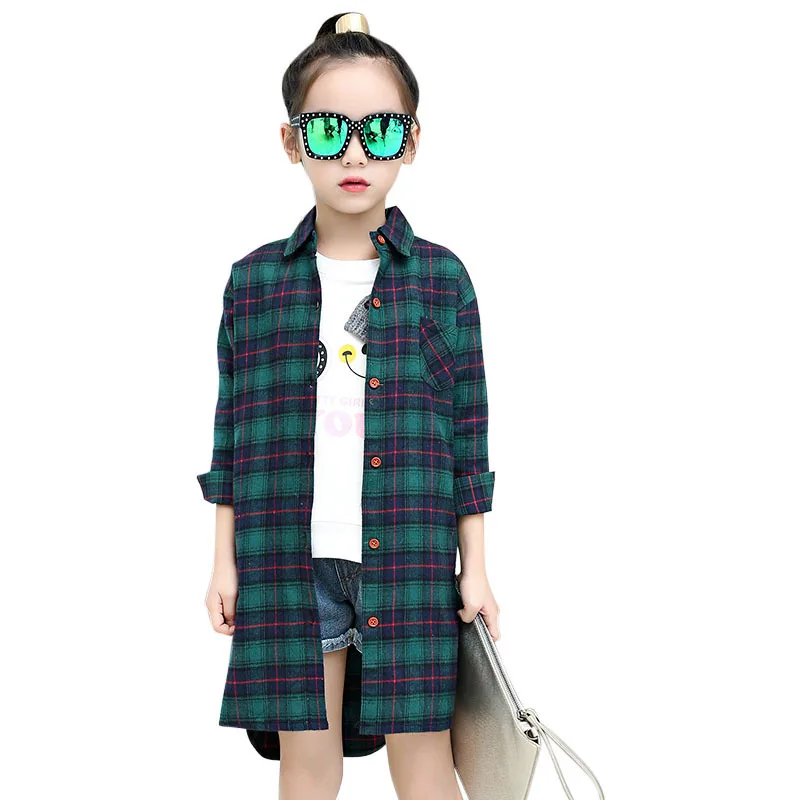 

Children shirt for girls long coat spring autumn 4-14 years girl plaid blouse letter print kids turn-down collar tops