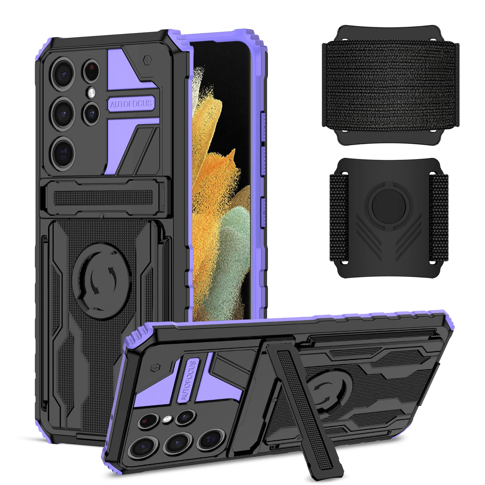 

Phone Case For Samsung Galaxy Note 20 S20 S21 Ultra Plus FE Shockproof Armor Wristband Bracket Multifunction Card Package Cover
