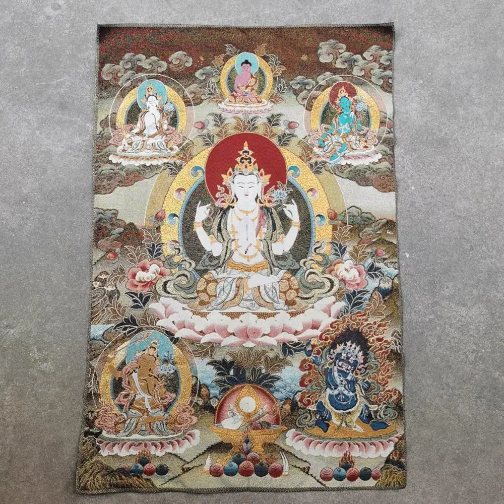 

35" Thangka embroidery Tibetan Buddhism silk embroidery brocade Nepal Four-armed Guanyin Bodhisattva Buddha Thangkas
