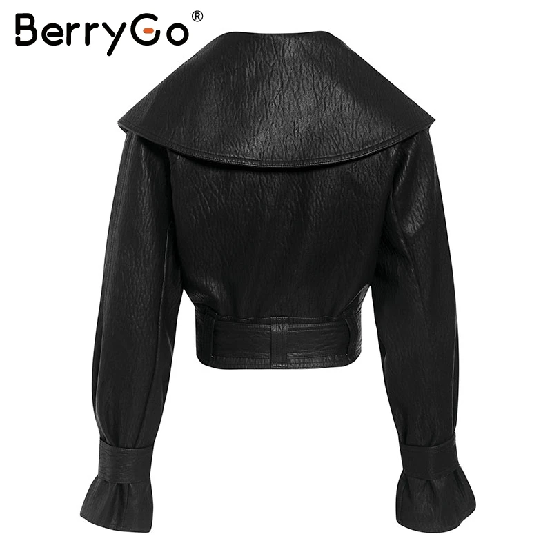 BerryGo Женская куртка из искусственной кожи, пальто с v-образным вырезом и галстуком-бабочкой, мотоциклетная Женская верхняя одежда, Бандажное пальто, высокая уличная Женская Черная Куртка