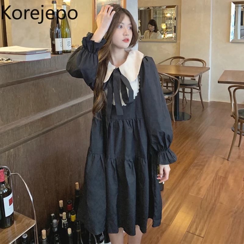 

Платье женское в стиле ретро, с широким рукавом, контрастным воротником в стиле Питер Пэн, осень 2021