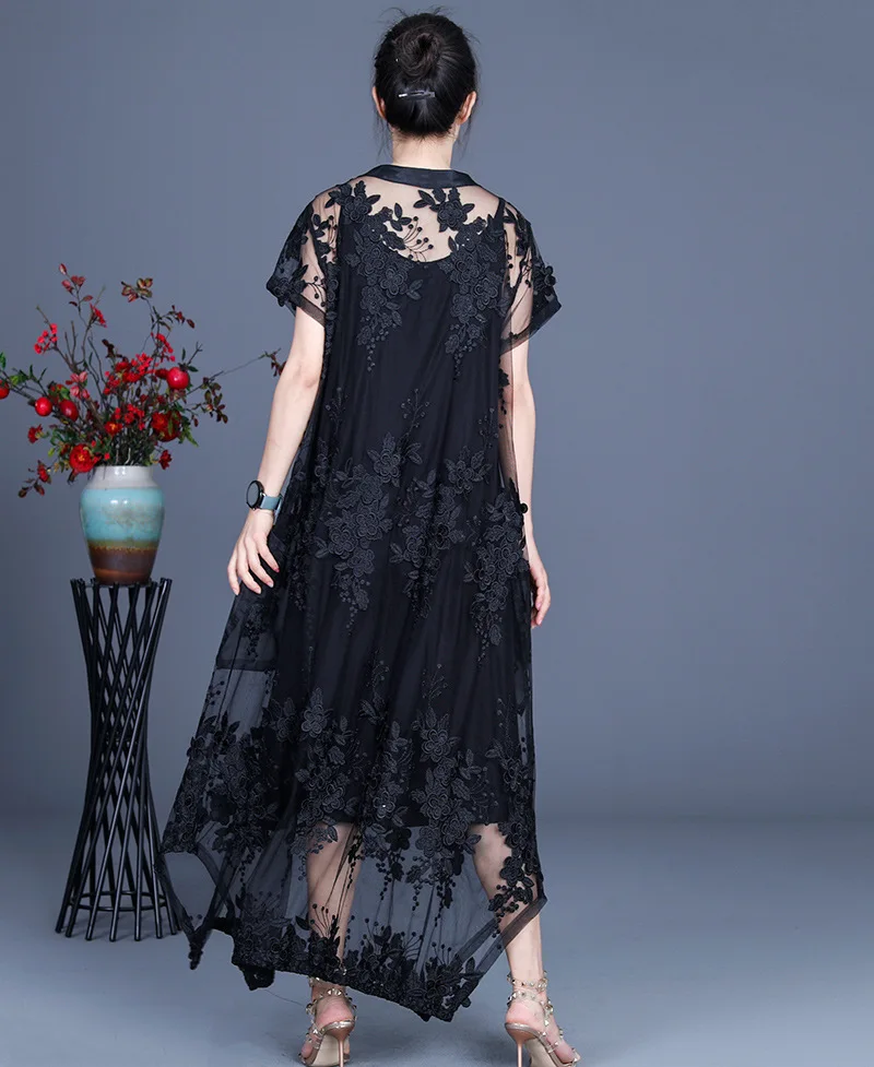 

2021 Summer New Yarn Embroidered Silk Cotton Sling O Neck Two-piece Set Dress for Women