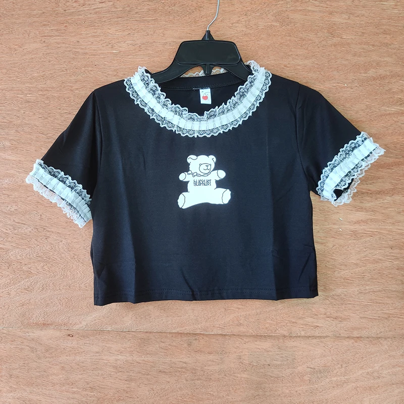 

Goth T Shirts Fashion Bear Print Graphic T Shirts Summer Girl Sexy Lace Crop Top Gothic Women Clothing