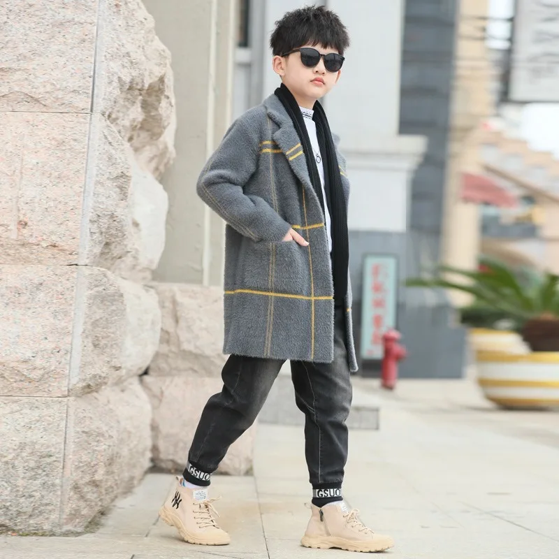 2019 зимние Костюмы Новая мода Клетчатый узор шерстяное пальто для мальчика