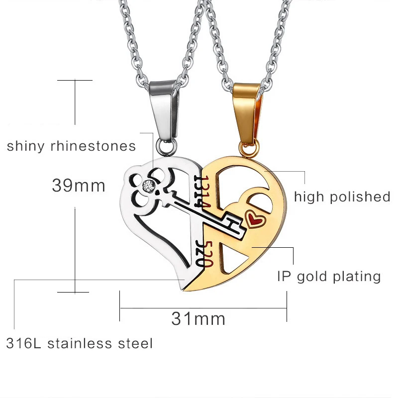 

2 PCS Pendant Necklace Couple Necklace Key Locket Gifts Double Color Broken Heart Stainless Steel Splice Lovers Jewelry