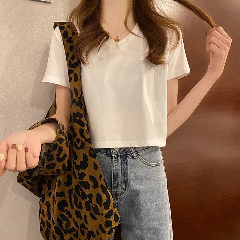 

White V-neck T-shirt Short Sleeve Women 2021new Summer Loose Slimming Sense of Design Short Top with High-Waisted Trousers