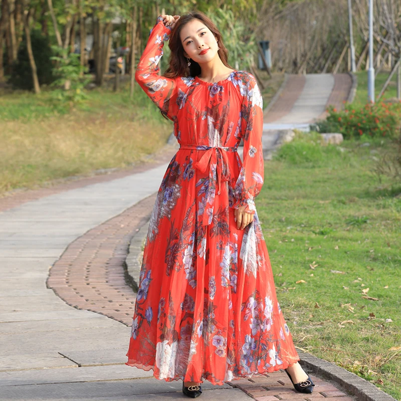 

2020 New Chiffon Peacock Print Long Sleeve maxi dress bohemia dress full plus size celebrity/graduation/Dinner Beach Sundress
