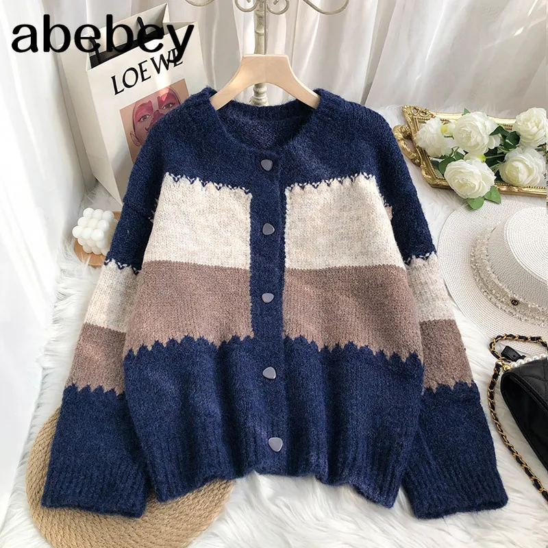 

2021 Cardigan Sweater Women Color Block Soft Sweater Coat O Neck Korean Fashion Sweater Cardigan Spring Autumn Knitwear