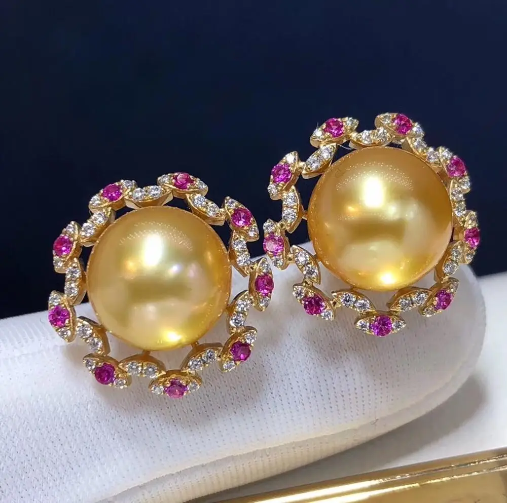 D215 Fine Jewelry Pure 14 K Gold Natural Ocean Golden Pearls 11-10mm Stud Earrings for Women Pearl | Украшения и аксессуары