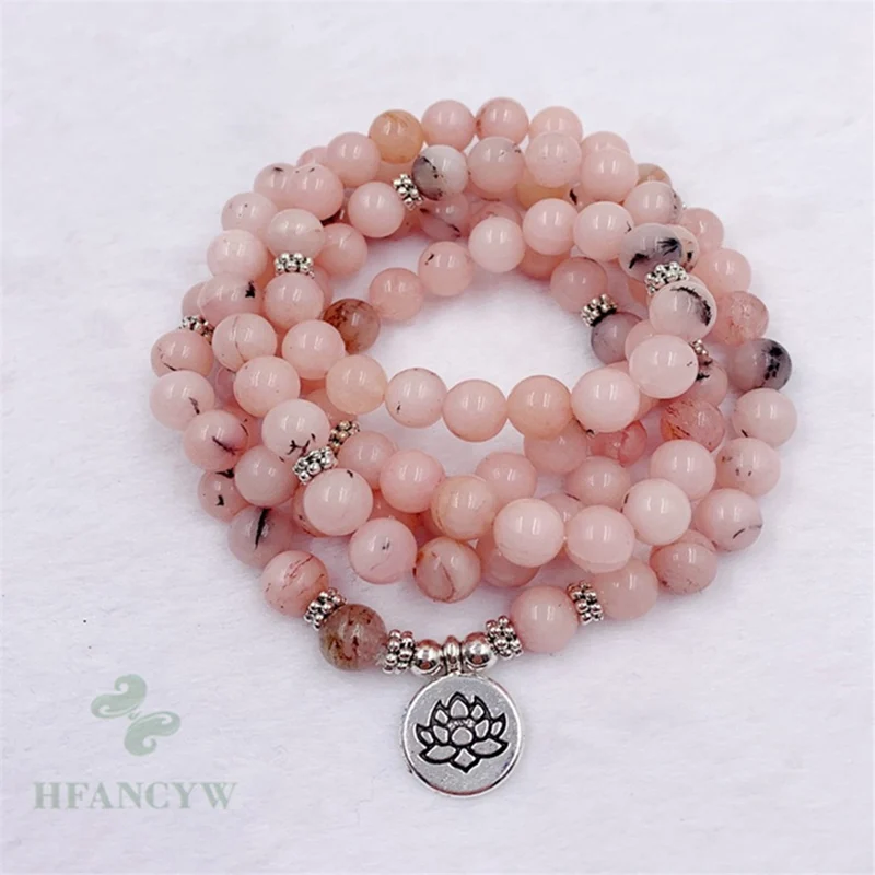

8mm Pink Opal 108 Beads Lotus Pendant Necklace Bracelet Spirituality Classic Elegant Pray Buddhism Handmade Cuff Fancy Bless