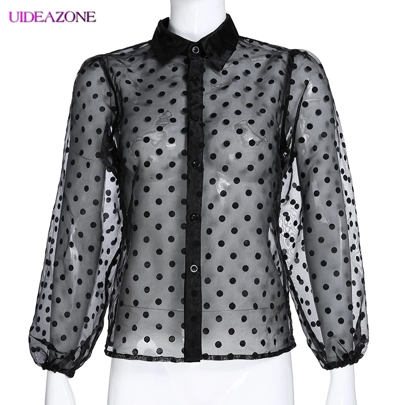 UIDEAZONE прозрачная блузка узор в горошек женская шифоновая рубашка сексуальная
