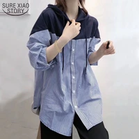 2021 autumn hooded striped stitching shirt female korean style loose hoodies women drawstring tops sweatshirts plus size 11943