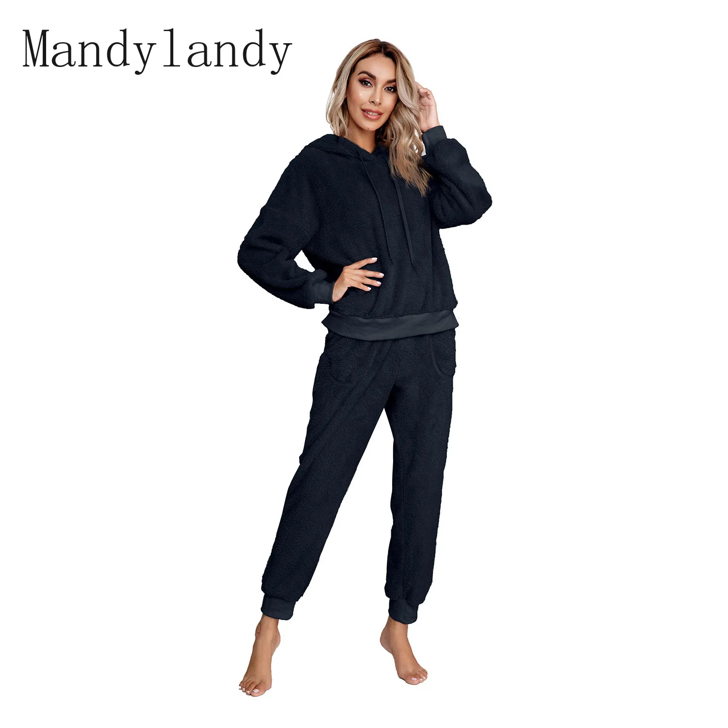 

Mandylandy Winter Long Sleeve Hooded Pullover Tops High Waist Pocket Pencil Pants Suit Women Casual Solid Color Loose Plush Suit