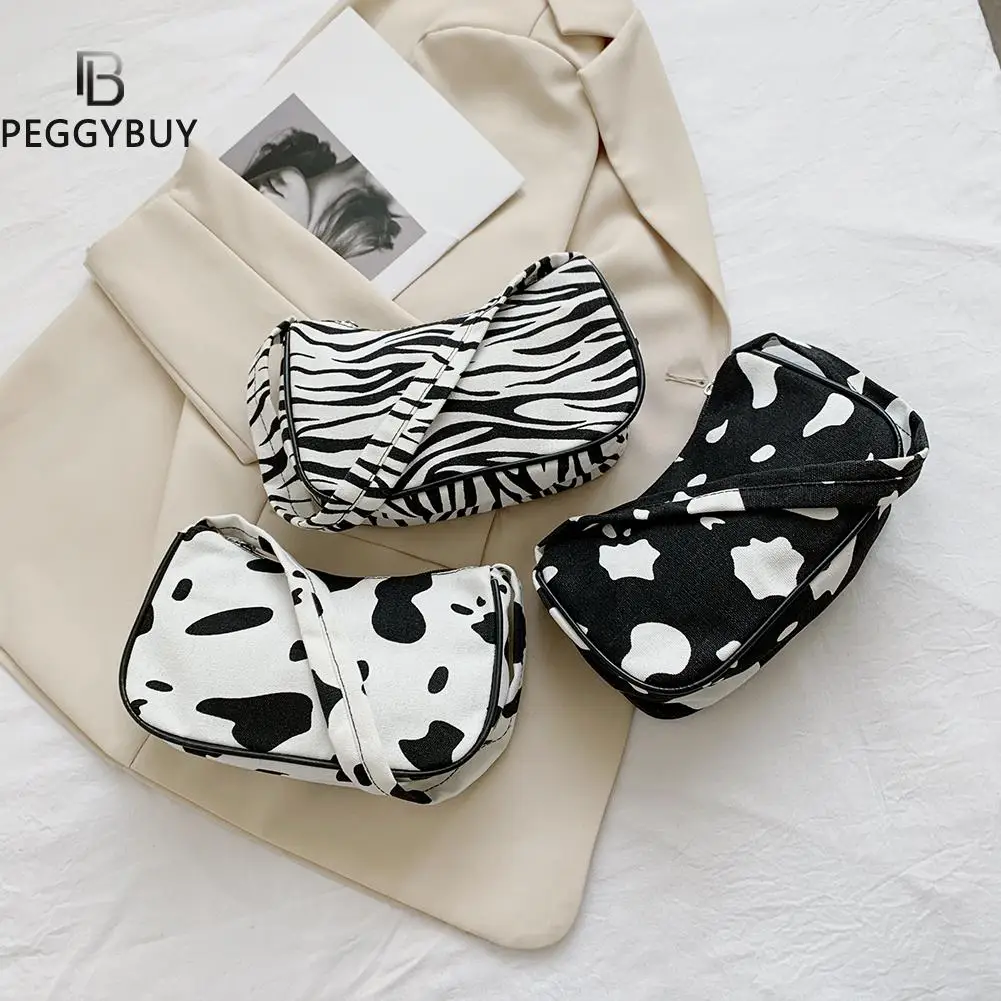 

Women Cow Zebra Pattern Print Canvas Underarm Bag Vintage Small Handbags