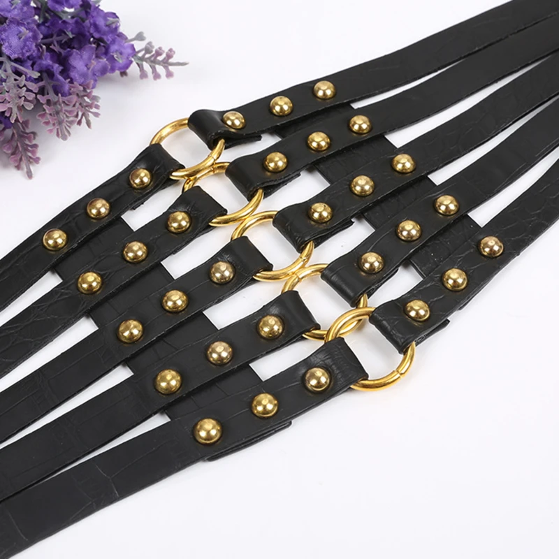 

Brand Design Vintage Metal Ring Belt Gold Ladies Women Belts Female Fashion Rivet Wide Waist Elastic 5 Straps PU Belt
