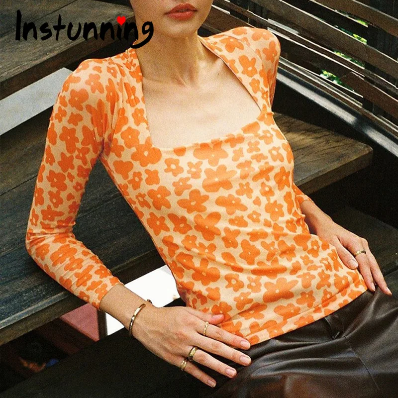 

Instunning Y2K Flower Print T Shirt Women 2021 Autumn Long Sleeve Square Collar Sexy Casual Slim Harajuku Female Clothes Tee Top